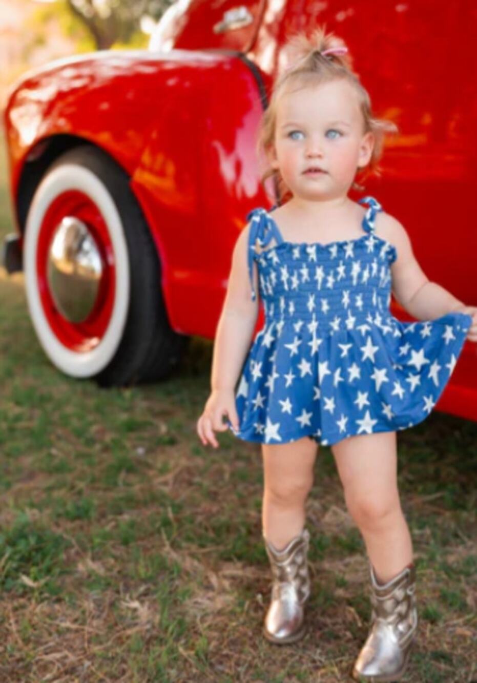 In My Jammers Smocked Twirl Romper Bodysuit Dress in Navy Stars - Size 3-6 Month